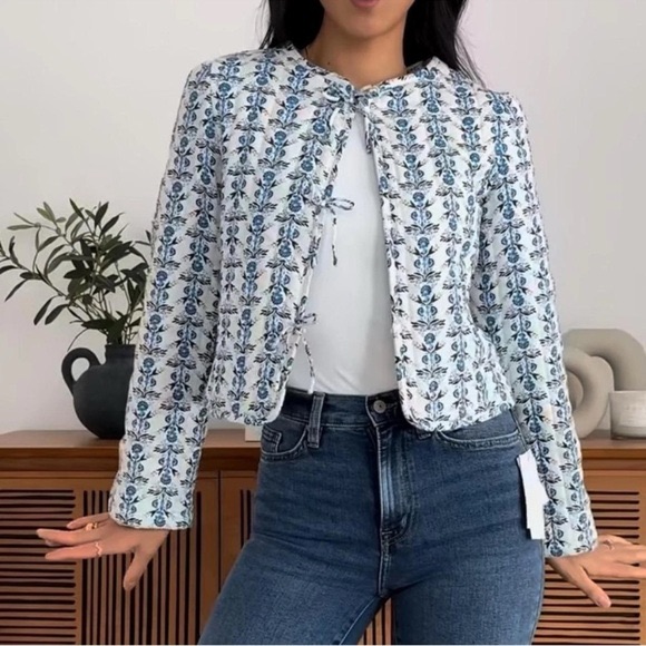 Caroline Constas Blue And White Floral Quilted Cropped Jacket
